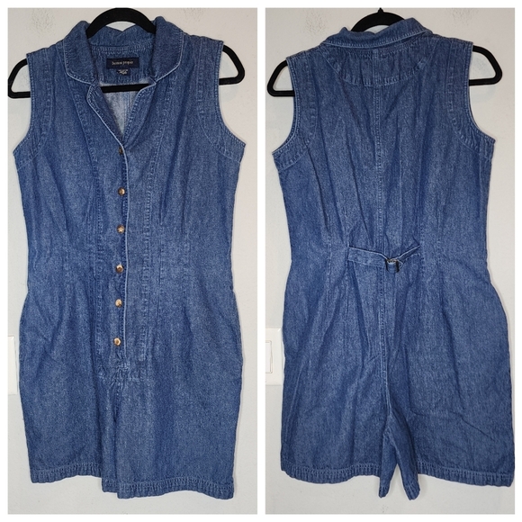 Boston Proper Denim Sleeveless Collared Button Front Romper. Size 6. Pockets. - Picture 1 of 15